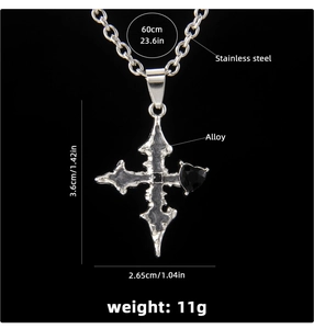 Detail showing Gothic cross pendant dimensions 3.6x2.65cm on a 60cm stainless steel chain