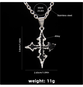 Detailed size chart of Gothic cross necklace with black heart and stainless steel chain