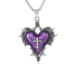 Collana gotica in acciaio inossidabile con ciondolo cuore di spine viola e croce argento