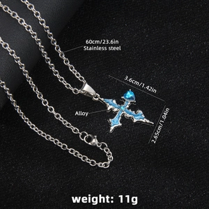 Gothic blue heart cross pendant in stainless steel with length measurements shown