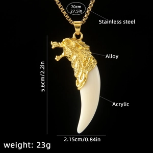 Golden wolf head pendant necklace for men with white tooth and stainless steel chain