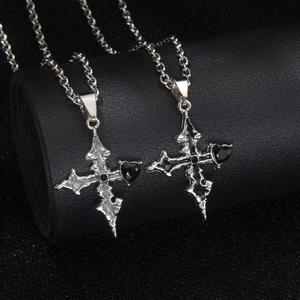 Gothic silver stainless steel thorn cross necklaces with black heart gemstones