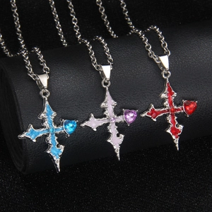 Gothic cross heart necklaces in sky blue, lavender and deep red stainless steel