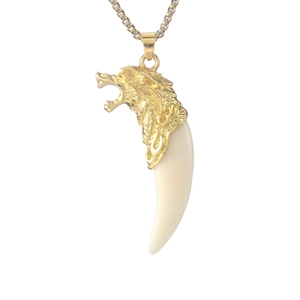 Golden wolf head necklace with acrylic tooth pendant on square link chain for men