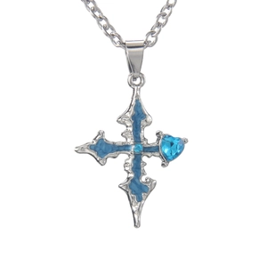 Gothic stainless steel cross necklace with light blue heart pendant and silver chain