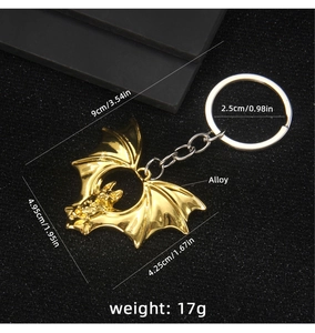 Detailed size specifications of the gold bat keychain with precise alloy measurements