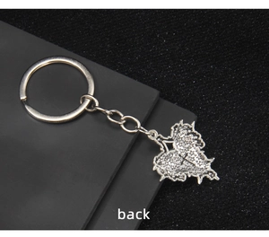 Detailed back view of gothic heart keychain with cross and star embossed patterns