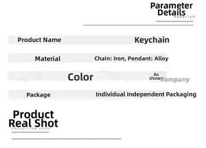 Detailed product specifications for the gold alphabet keychain showing alloy materials
