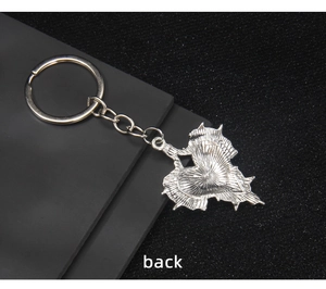 Macro shot of silver metal keychain with back view of radial engraved heart pendant