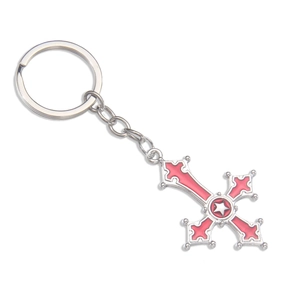 Minimalist red cross keychain with star detail and silver alloy ring on white background