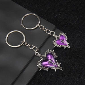 Gothic dark purple heart keychain with silver cross and rose thorns in a two-piece set