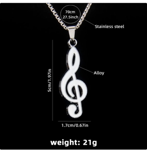 Detailed size and material specs for the G-clef musical note stainless steel pendant