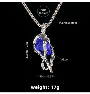 Collier gothique cœur d'épines avec pierre bleue et détails sur la taille et matière