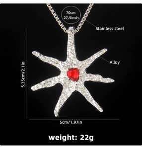 Detailed size specifications for the silver starfish pendant necklace with a red heart gem