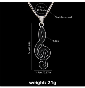 Detail showing dimensions of the treble clef pendant with stainless steel chain necklace
