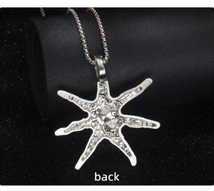 Macro shot of silver starfish pendant reverse side showing casting texture on ball chain