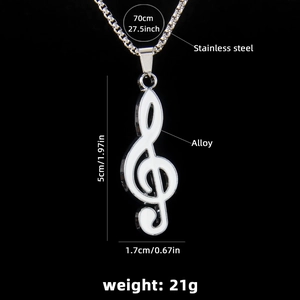 G-clef musical note pendant necklace with white enamel inlay and stainless steel chain