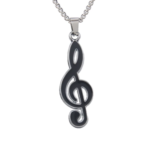 Minimalist stainless steel treble clef necklace with black enamel inlay on silver chain