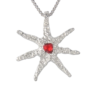 Minimalist silver stainless steel starfish pendant necklace with a red heart crystal