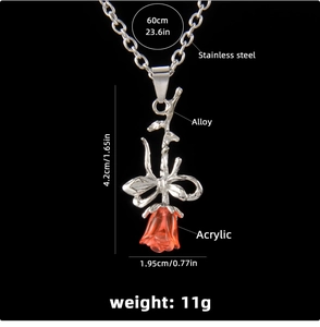Détails du collier à pendentif rose en acier inoxydable avec dimensions et matériaux
