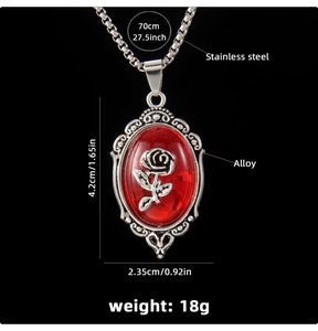 Detailed technical diagram of red oval rose pendant with stainless steel chain measurements