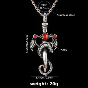Collier dragon et épée en acier inoxydable avec cristaux rouges pour homme, 70cm