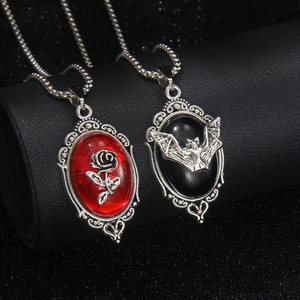 Gothic Stainless Steel Pendant Necklace Vintage Rose Bat Dark Aesthetic Oval Long Chain Sweater Necklace Jewelry For Women Men
