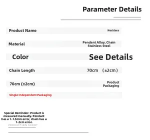 Specifications of cobra necklace featuring a 70cm stainless steel chain and alloy pendant