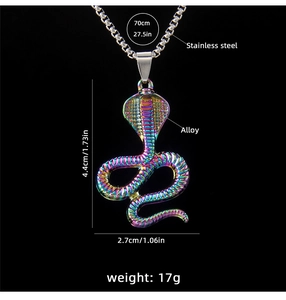 Rainbow cobra pendant detail with 70cm stainless steel chain and product measurements