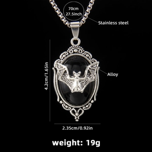 Gothic bat pendant necklace with black oval stone and stainless steel chain dimensions