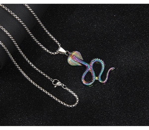 Macro detail of rainbow plated cobra pendant with stainless steel square link chain