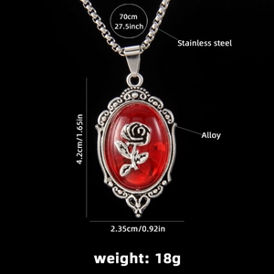 Gothic stainless steel long necklace with red oval rose cameo and 70cm chain