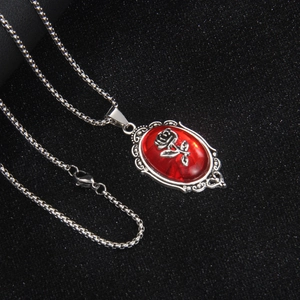 Gothic stainless steel necklace featuring a red rose oval pendant on a ball chain