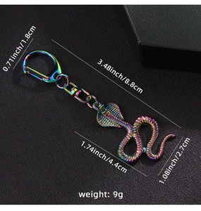 Macro detail of iridescent cobra keychain with metallic finish and precise dimensions