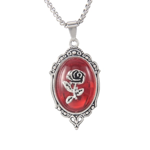 Gothic vintage stainless steel necklace with red rose gem oval pendant and silver chain