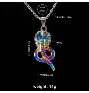 Rainbow cobra pendant specifications with dimensions 4.1cm by 1.9cm and 70cm box chain