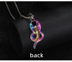 Macro back view of rainbow stainless steel cobra pendant with a stylish silver chain
