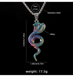 Macro detail of rainbow cobra pendant showing dimensions and stainless steel chain