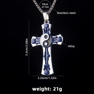 Collier hip hop vintage en acier inoxydable avec croix bleue et pendentif Yin Yang