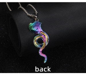 Detailed back view of rainbow cobra pendant with intricate woven texture on box chain