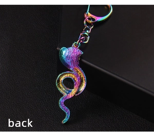 Detailed back view of a colorful rainbow plating snake-shaped keychain with wavy texture
