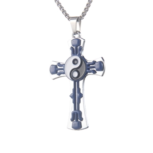 Collier hip hop en acier inoxydable avec pendentif double croix en émail bleu et yin yang