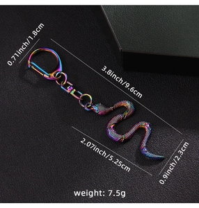 Detailed view of rainbow electroplated cobra keychain with metallic scales on leather