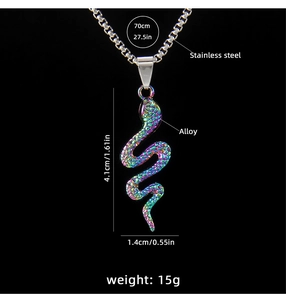 Macro detail of colorful snake pendant with 70cm stainless steel chain dimensions