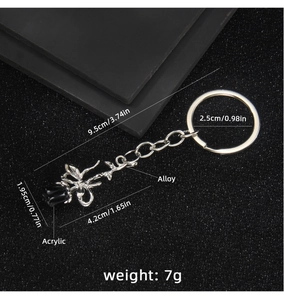 Detailed close-up of a black acrylic rose keychain with silver alloy chain and ring