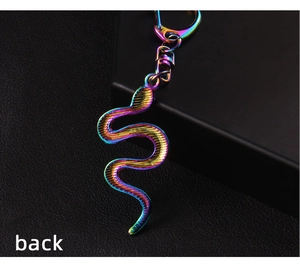 Macro back view of iridescent rainbow metal snake keychain with non-slip texture detail