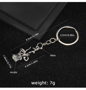 Detail showing red and black acrylic rose keychain dimensions with alloy chain and clasp