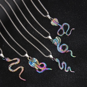 Stainless Steel Iridescent Cobra Snake Pendant Necklace For Men Gothic Hip Hop Colorful Mamba Animal Long Box Chain