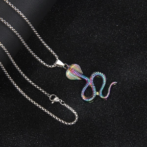 Rainbow cobra pendant necklace in stainless steel with silver box chain for men
