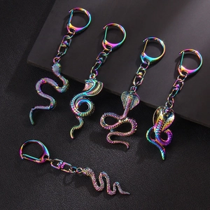 Iridescent Rainbow Snake Keychain Metal Alloy Cobra Pendant Exaggerated Animal Key Ring Accessory For Women Men Gift